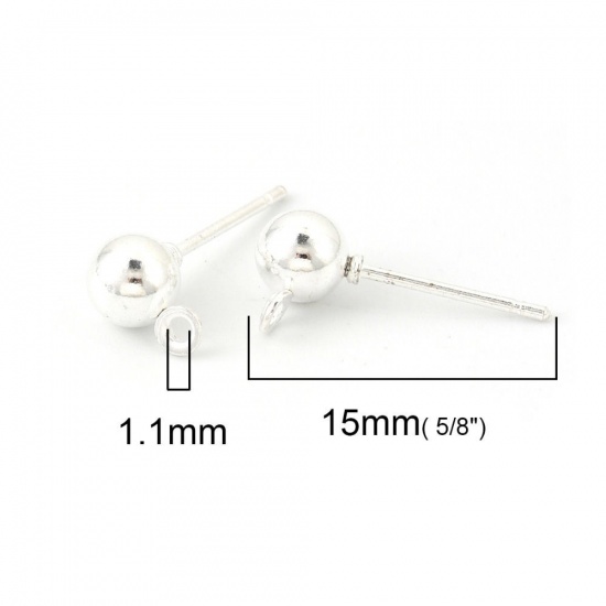 Picture of Iron Based Alloy Ear Post Stud Earrings Findings Ball Silver Plated W/ Loop 6mm x 4mm, Post/ Wire Size: (20 gauge), 50 PCs