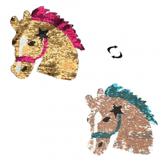 Image de Cabochons DIY Scrapbooking Artisanat Applique Tissu PVC Paillette Or Changement de Couleur Réversible Cheval 19cm x 19cm, 1 Pièce