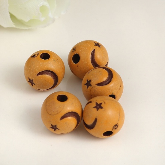 Picture of Acrylic Beads Round Brown Moon Pattern Imitation Wood About 10mm Dia, Hole: Approx 2.3mm, 300 PCs