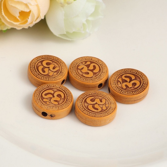 Picture of Acrylic Beads Round Brown Yoga OM/ Aum Pattern Imitation Wood About 14mm Dia, Hole: Approx 2mm, 200 PCs