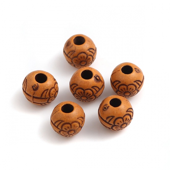 Picture of Acrylic Beads Round Brown Flower Pattern Imitation Wood About 8mm Dia, Hole: Approx 2.5mm, 500 PCs