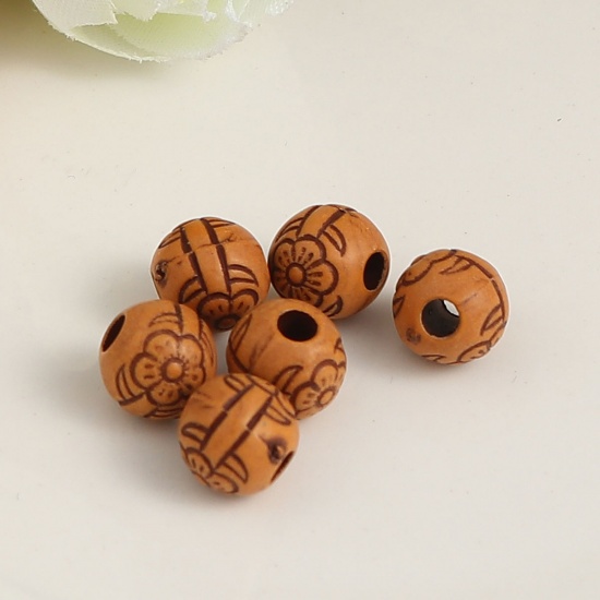 Picture of Acrylic Beads Round Brown Flower Pattern Imitation Wood About 8mm Dia, Hole: Approx 2.5mm, 500 PCs