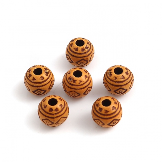 Picture of Acrylic Beads Round Brown Rhombus Pattern Imitation Wood About 8mm Dia. - 7mm Dia, Hole: Approx 2mm, 500 PCs