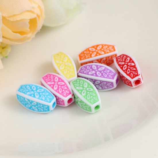 Picture of Acrylic Beads Oval At Random Flower Pattern About 13mm x 6mm, Hole: Approx 1.8mm, 300 PCs