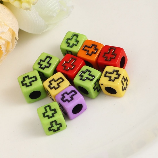 Picture of Acrylic Beads Square At Random Cross Pattern About 6mm x 6mm, Hole: Approx 3.2mm, 500 PCs