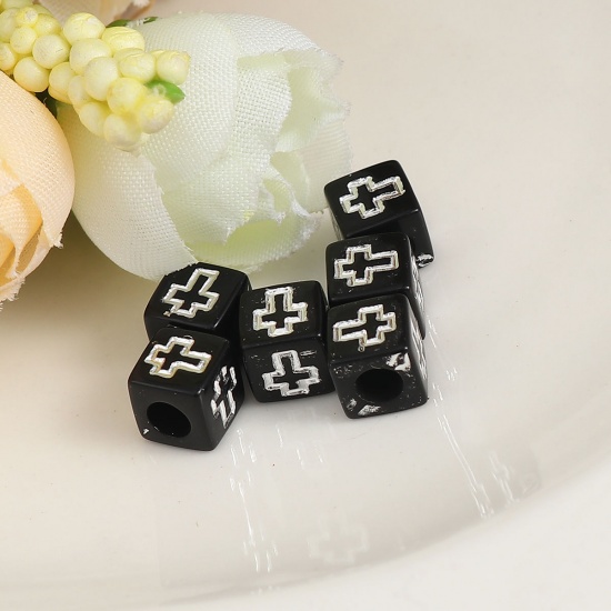 Picture of Acrylic Beads Square Black Cross Pattern About 6mm x 6mm, Hole: Approx 3.2mm, 500 PCs