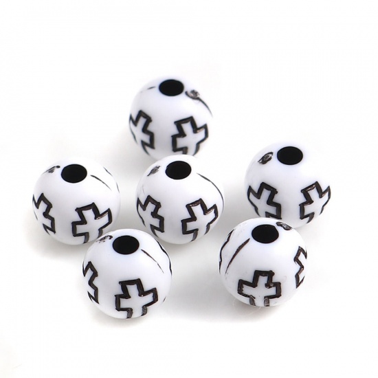 Picture of Acrylic Beads Round White Cross Pattern About 8mm Dia, Hole: Approx 2mm, 500 PCs