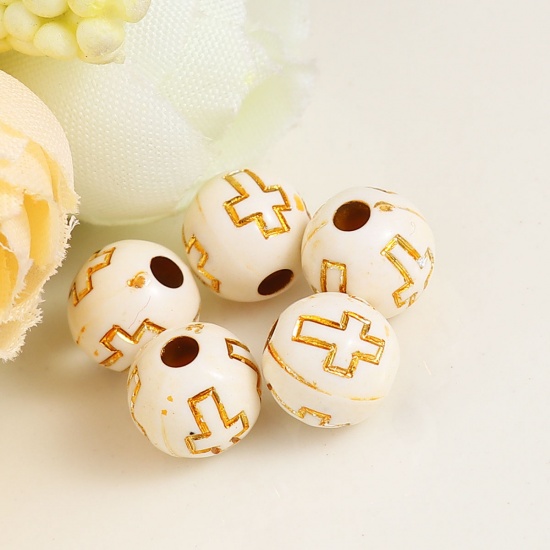 Picture of Acrylic Beads Round Creamy-White Cross Pattern About 8mm Dia, Hole: Approx 2mm, 500 PCs