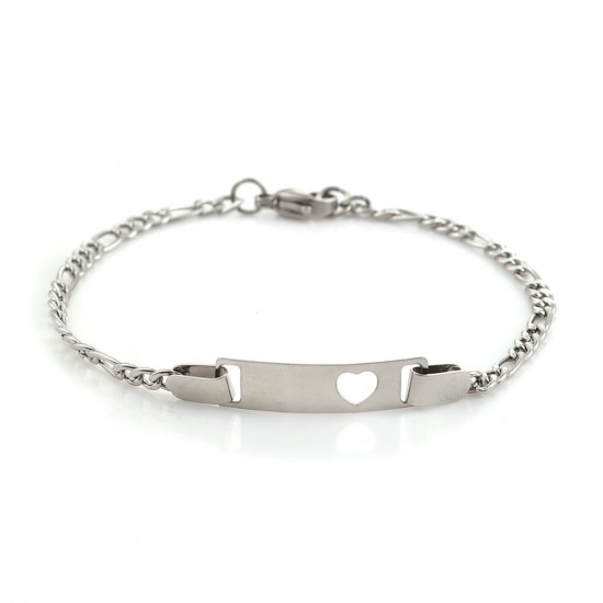 Picture of 304 Stainless Steel Bracelets Silver Tone Rectangle Heart 19cm(7 4/8") long, 1 Piece