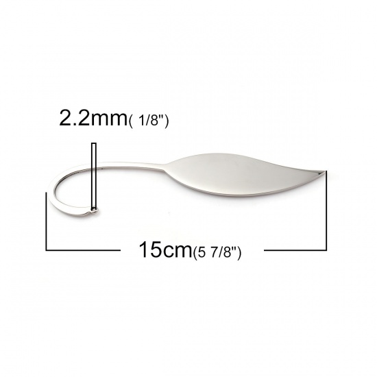 Picture of 304 Stainless Steel Blank Stamping Tags Bookmark Leaf Silver Tone Mirror Polishing 15cm x 3.7cm, 1 Piece