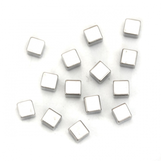 Picture of Stainless Steel Blank Stamping Tags Beads For DIY Charm Jewelry Making Cube Silver Tone Roller Burnishing 4mm x 4mm, Hole: Approx No Hole, 10 PCs