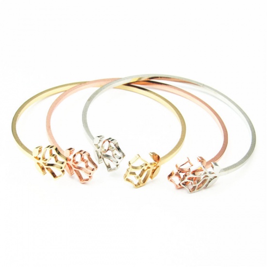 Picture of Stainless Steel Open Cuff Bangles Bracelets Gold Plated Rose Flower 18cm(7 1/8") long, 1 Piece