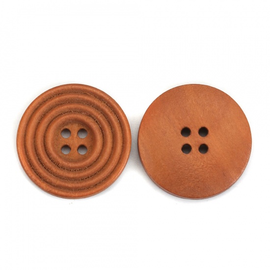 ウッド 縫製ボタン 円形 フクシア色 4つ穴 サークル柄 25mm直径、 30 個 の画像