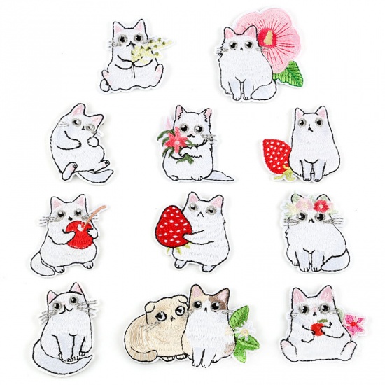 Immagine di Poliestere Applique DIY Scrapbooking Craft Bianco Gatto 55mm x 36mm, 10 Pz