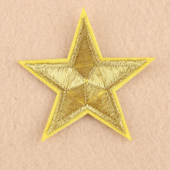 Picture of Fabric Iron On Patches Appliques (With Glue Back) Craft Golden Pentagram Star 55mm(2 1/8") x 53mm(2 1/8"), 10 PCs