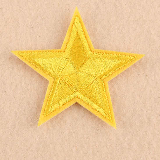 Picture of Fabric Iron On Patches Appliques (With Glue Back) Craft Yellow Pentagram Star 53mm(2 1/8") x 50mm(2"), 10 PCs