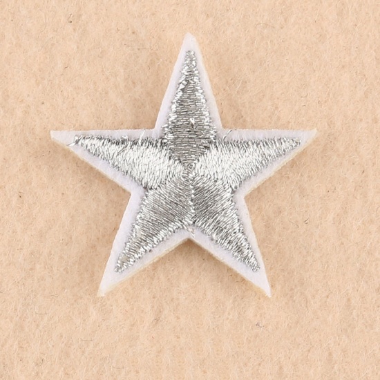 Picture of Fabric Iron On Patches Appliques (With Glue Back) Craft Silver Pentagram Star 30mm(1 1/8") x 30mm(1 1/8"), 10 PCs