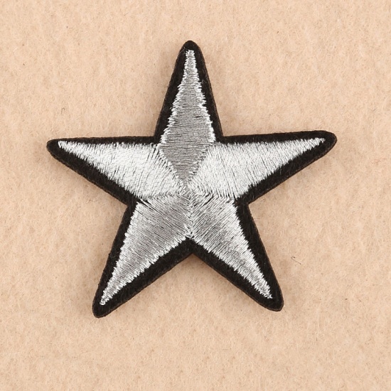 Picture of Fabric Iron On Patches Appliques (With Glue Back) Craft Silver Pentagram Star 41mm(1 5/8") x 38mm(1 4/8"), 10 PCs