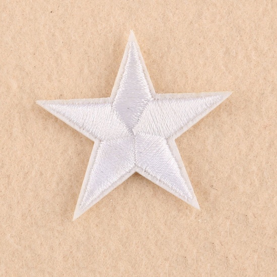 Picture of Fabric Iron On Patches Appliques (With Glue Back) Craft White Pentagram Star 44mm(1 6/8") x 41mm(1 5/8"), 10 PCs