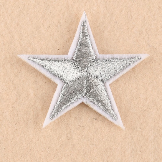 Picture of Fabric Iron On Patches Appliques (With Glue Back) Craft Silver Pentagram Star 45mm(1 6/8") x 45mm(1 6/8"), 10 PCs