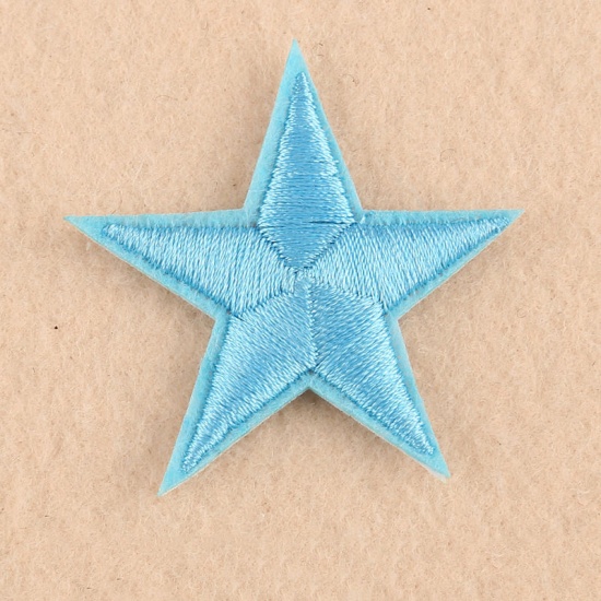 Picture of Fabric Iron On Patches Appliques (With Glue Back) Craft Skyblue Pentagram Star 44mm(1 6/8") x 41mm(1 5/8"), 10 PCs