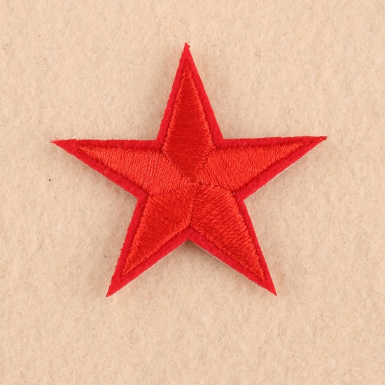 Picture of Fabric Iron On Patches Appliques (With Glue Back) Craft Red Pentagram Star 45mm(1 6/8") x 44mm(1 6/8"), 10 PCs