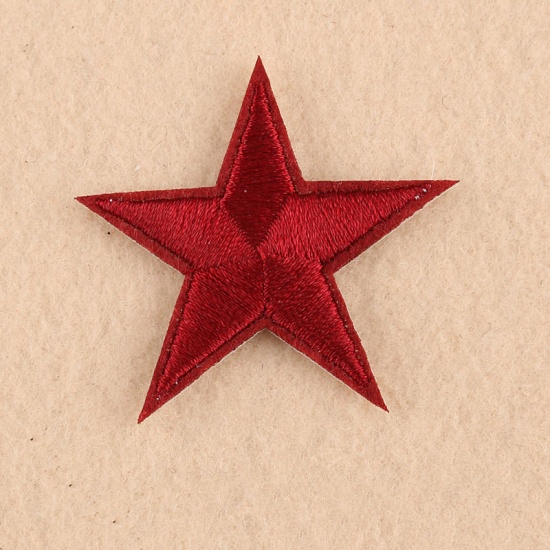 Picture of Fabric Iron On Patches Appliques (With Glue Back) Craft Wine Red Pentagram Star 43mm(1 6/8") x 43mm(1 6/8"), 10 PCs