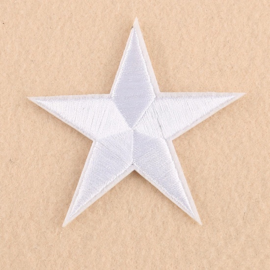 Picture of Fabric Iron On Patches Appliques (With Glue Back) Craft White Pentagram Star 71mm(2 6/8") x 71mm(2 6/8"), 10 PCs
