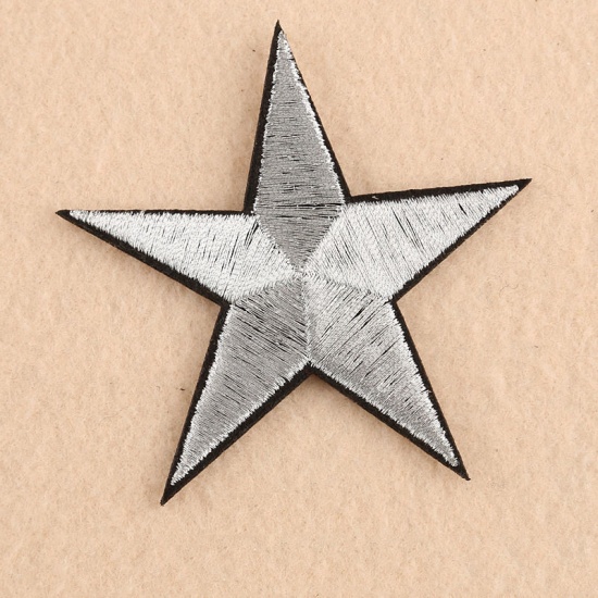 Bild von Stoff Bügelbild (Mit Kleber auf der Rückseite) DIY Scrapbooking Handwerk Silbrig Pentagramm Stern 72mm x 67mm, 10 Stück