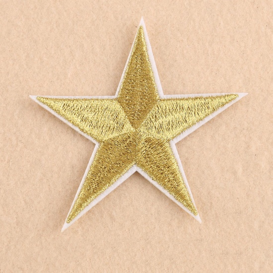 Picture of Fabric Iron On Patches Appliques (With Glue Back) Craft Golden Pentagram Star 77mm(3") x 70mm(2 6/8"), 10 PCs