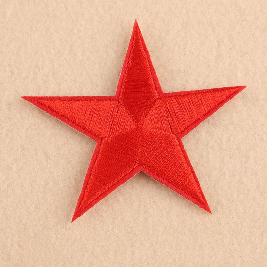 Picture of Fabric Iron On Patches Appliques (With Glue Back) Craft Red Pentagram Star 74mm(2 7/8") x 70mm(2 6/8"), 10 PCs