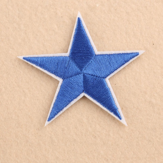 Picture of Fabric Iron On Patches Appliques (With Glue Back) Craft Blue Pentagram Star 75mm(3") x 71mm(2 6/8"), 10 PCs