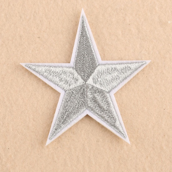 Picture of Fabric Iron On Patches Appliques (With Glue Back) Craft Silver Pentagram Star 77mm(3") x 72mm(2 7/8"), 10 PCs