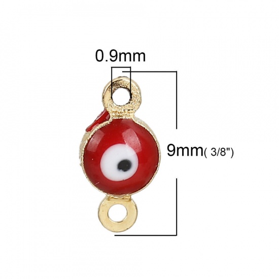Picture of Brass Connectors Round Gold Plated Green Evil Eye Enamel 9mm( 3/8") x 5mm( 2/8"), 10 PCs                                                                                                                                                                      