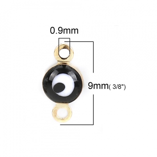 Picture of Brass Connectors Round Gold Plated Black Evil Eye Enamel 9mm( 3/8") x 5mm( 2/8"), 10 PCs                                                                                                                                                                      