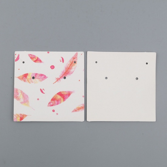 Picture of Paper Jewelry Display Card Square Pink Feather Pattern 59mm(2 3/8") x 59mm(2 3/8"), 50 Sheets