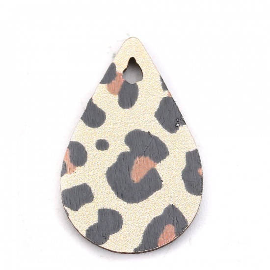 Picture of Natural Wood Charms Drop Black & White Leopard Print 23mm( 7/8") x 15mm( 5/8"), 30 PCs