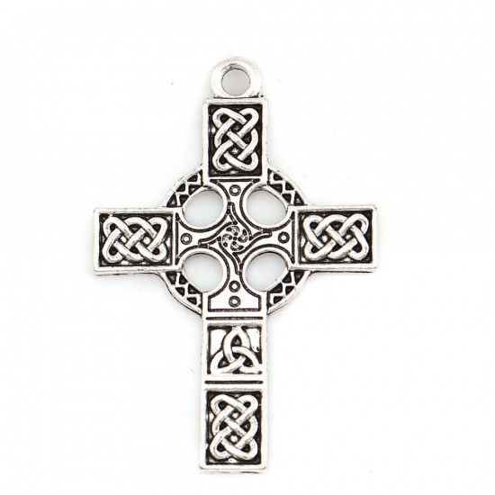 Picture of Zinc Based Alloy Celtic Knot Cabochon Settings Pendants Cross Antique Silver Color Carved Pattern (Fits 6mm Dia.) 40mm x 27mm, 20 PCs
