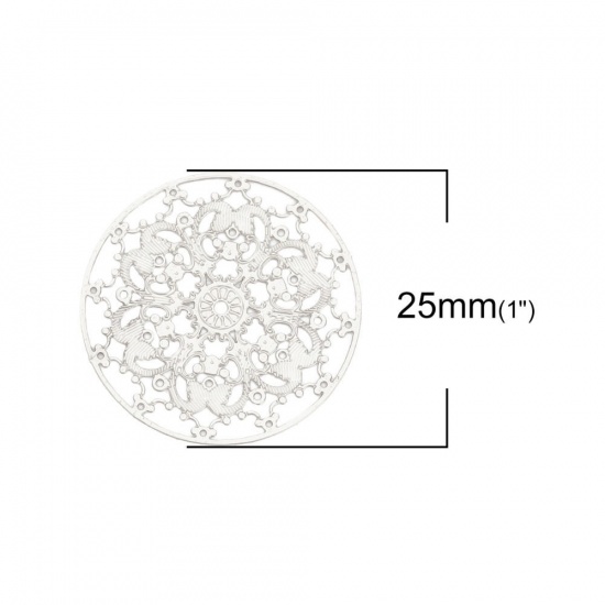 Picture of Brass Filigree Stamping Connectors Round Silver Tone Flower 25mm Dia., 10 PCs                                                                                                                                                                                 