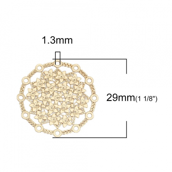 Immagine di Lega di Ferro Filigree Stamping Connettore Accessori Tondo Oro Placcato Fiore Disegno 29mm Dia, 10 Pz