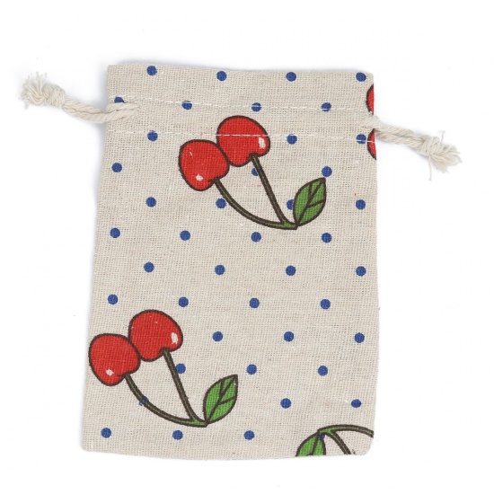 Picture of Cotton Cloth Drawstring Bags Rectangle Light Khaki Cherry (Usable Space: Approx 11x10cm) 14cm(5 4/8") x 10cm(3 7/8"), 5 PCs