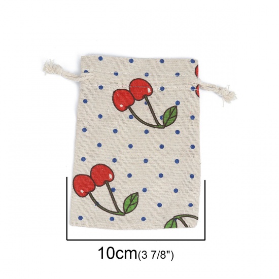 Picture of Cotton Cloth Drawstring Bags Rectangle Light Khaki Cherry (Usable Space: Approx 11x10cm) 14cm(5 4/8") x 10cm(3 7/8"), 5 PCs
