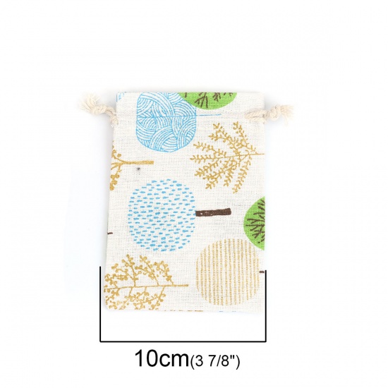 Picture of Cotton Cloth Drawstring Bags Rectangle Off-white Tree (Usable Space: Approx 11x10cm) 14cm(5 4/8") x 10cm(3 7/8"), 5 PCs