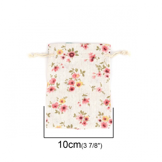 Picture of Cotton Cloth Drawstring Bags Rectangle Light Khaki Flower Leaves (Usable Space: Approx 11x10cm) 13.5cm(5 3/8") x 10cm(3 7/8"), 5 PCs