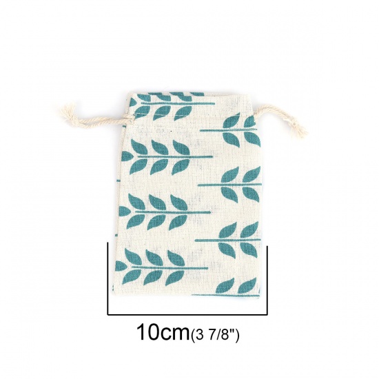 Picture of Cotton Cloth Drawstring Bags Rectangle Green Blue (Usable Space: Approx 11x10cm) 14cm(5 4/8") x 10cm(3 7/8"), 5 PCs