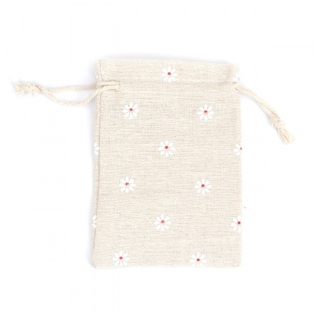 Bild von Baumwolle (Nicht 100%) Stoff Kordelzug Beutel Rechteck Hell Khaki Blumen (Nutzraum: ca. 11x10cm) 14cm x 10cm, 5 Stück