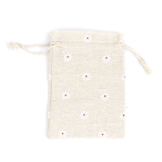Picture of Cotton Cloth Drawstring Bags Rectangle Light Khaki Flower (Usable Space: Approx 11x10cm) 14cm(5 4/8") x 10cm(3 7/8"), 5 PCs
