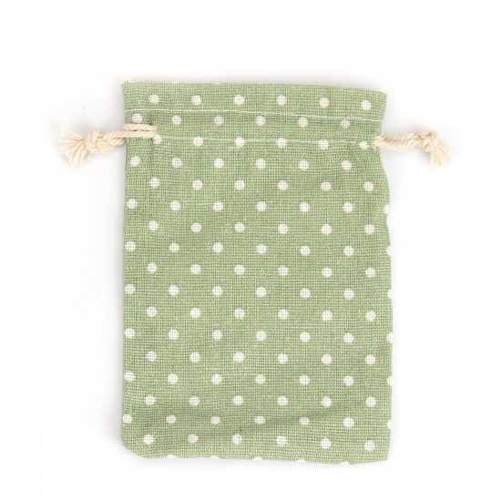 Picture of Cotton Cloth Drawstring Bags Rectangle Green Dot (Usable Space: Approx 11x10cm) 14cm(5 4/8") x 10cm(3 7/8"), 5 PCs