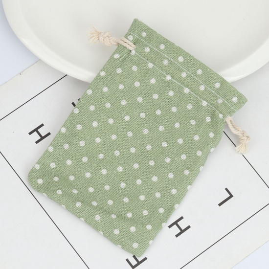 Picture of Cotton Cloth Drawstring Bags Rectangle Green Dot (Usable Space: Approx 11x10cm) 14cm(5 4/8") x 10cm(3 7/8"), 5 PCs