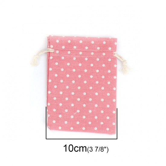 Picture of Cotton Cloth Drawstring Bags Rectangle Pink Dot (Usable Space: Approx 11x10cm) 14cm(5 4/8") x 10cm(3 7/8"), 5 PCs